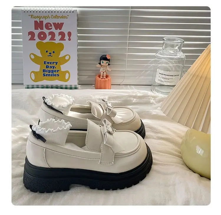 Women's Shoes 2024 Japanese New Mary Jane Shoes Butterfly Leather Shoes Thick Sole Comfort Anti Slip Height Increasing Loafers